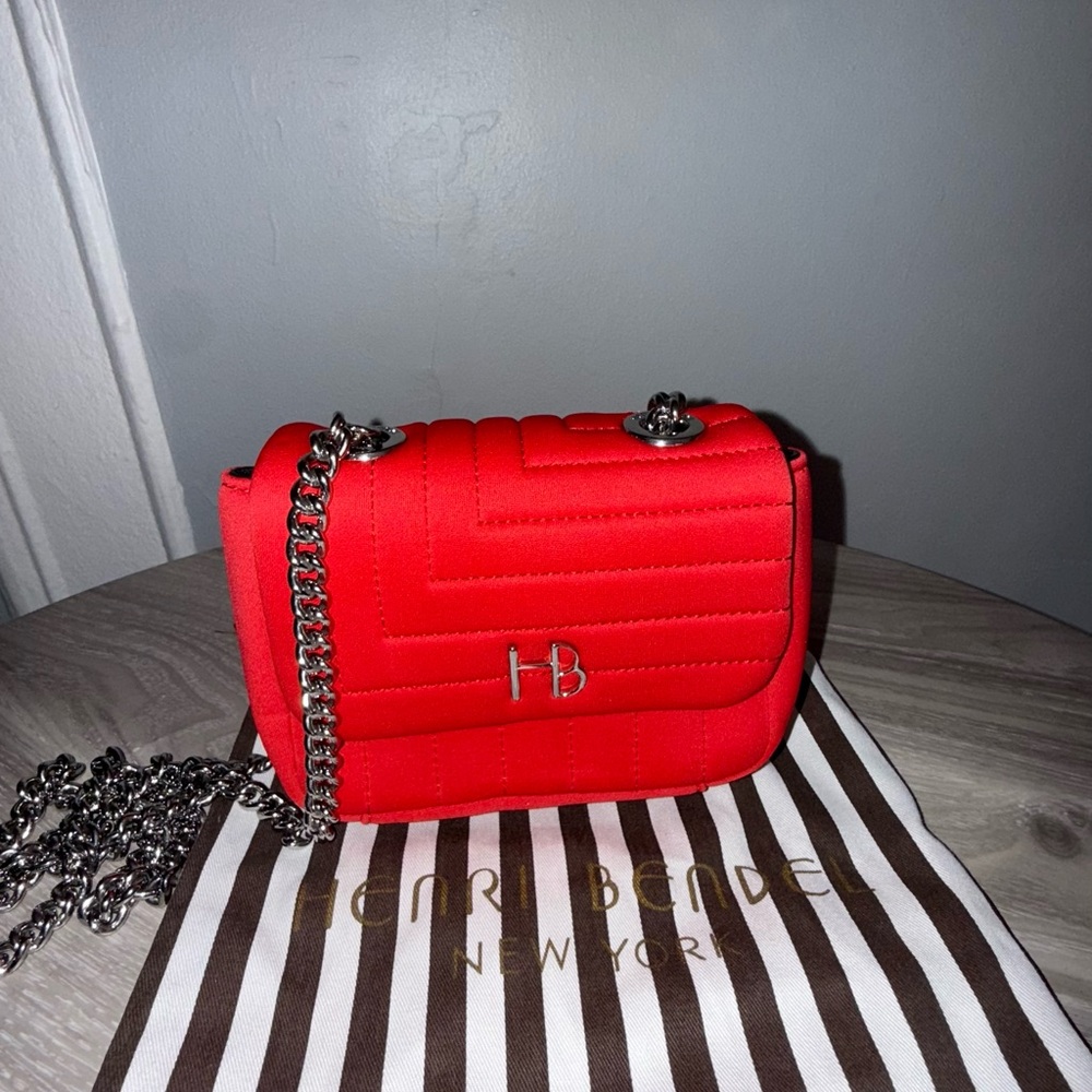 Henri Bendel Red Quilted Crossbody Bag with Silver Chain